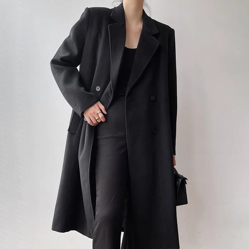 Double Breasted Oversized Long Wool Coat Black