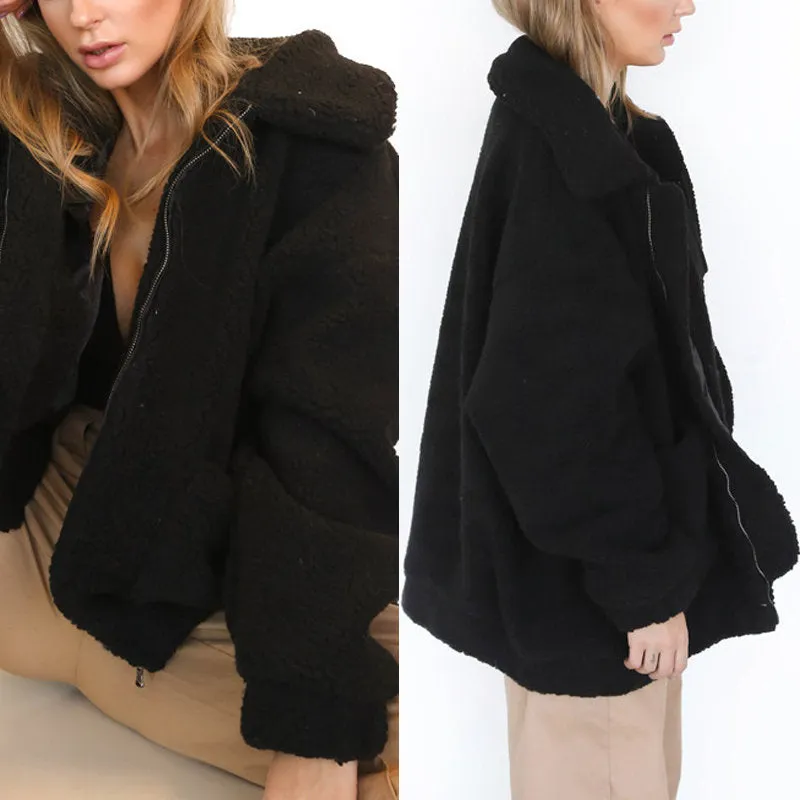 Elegant Faux Fur Coat Women Autumn Winter Warm Soft Zipper Jacket Female Plush Overcoat Casual Outerwear