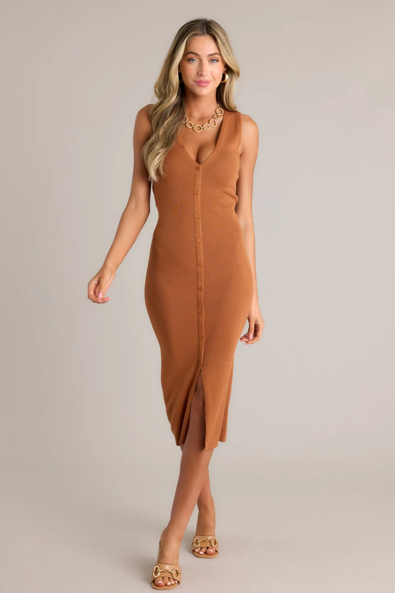 Ethereal Charm Brown Bodycon Midi Dress