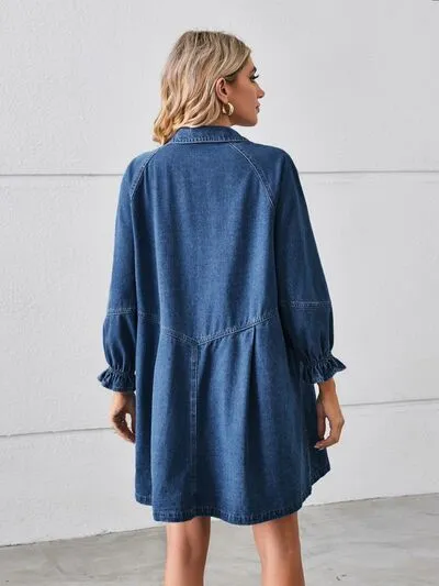 Explore More Collection - Button Up Flounce Sleeve Mini Denim Dress