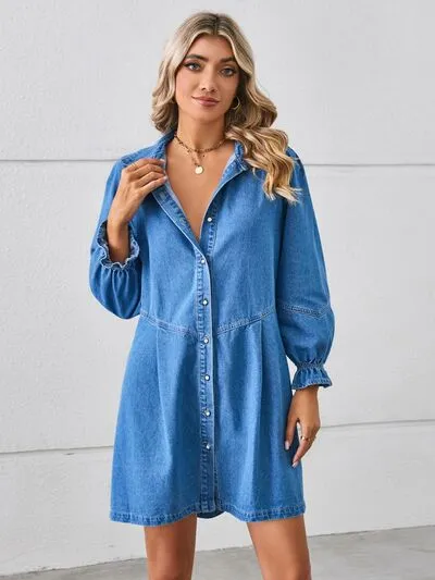 Explore More Collection - Button Up Flounce Sleeve Mini Denim Dress