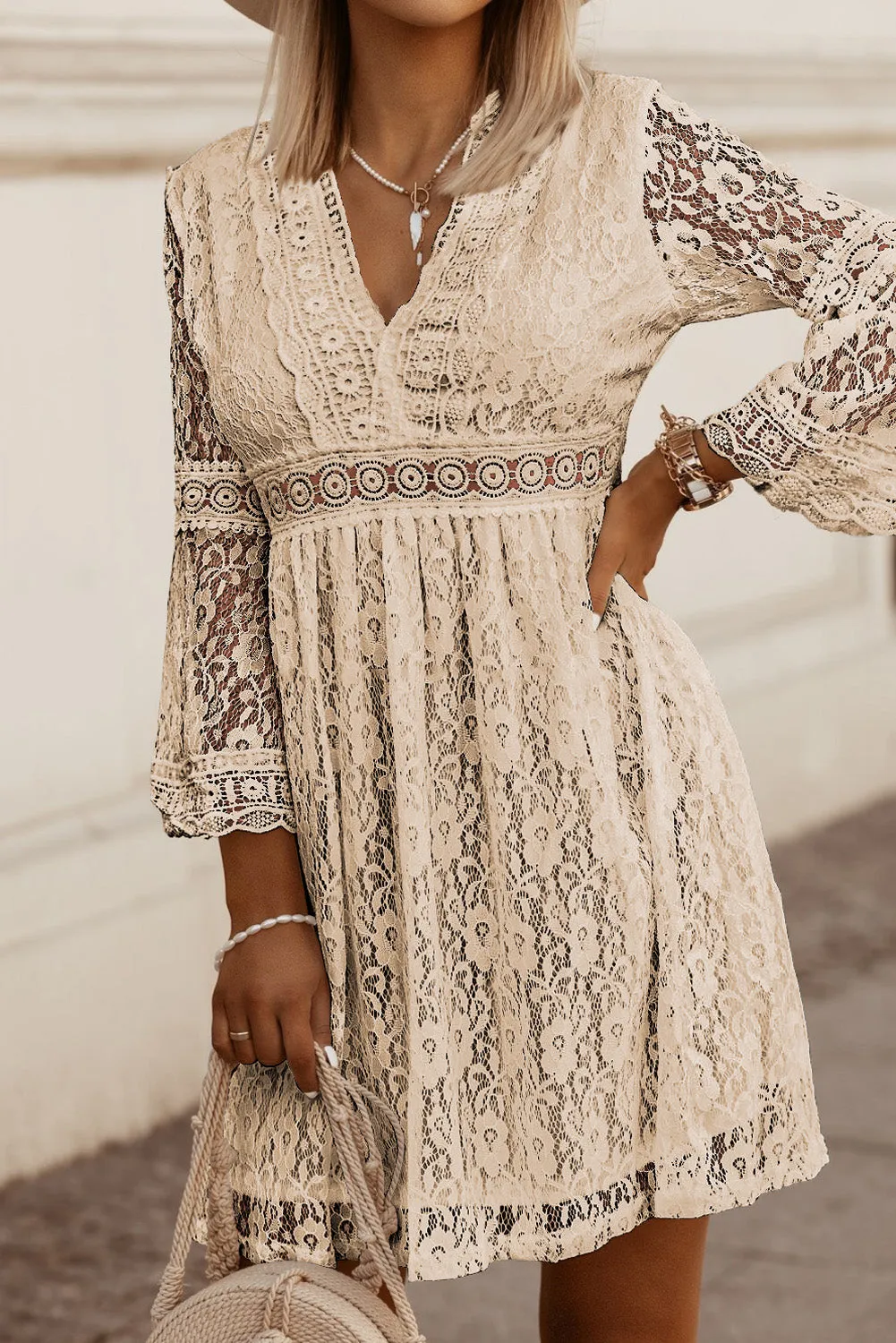 Explore More  Collection - Lace V-Neck Three-Quarter Sleeve Dress