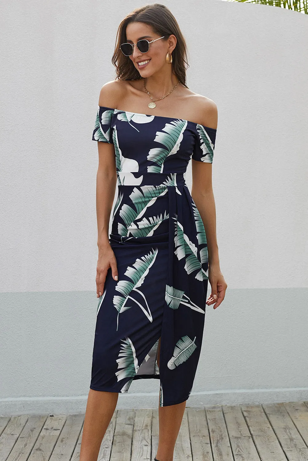 Explore More  Collection - Slit Printed Off-Shoulder Midi Dress