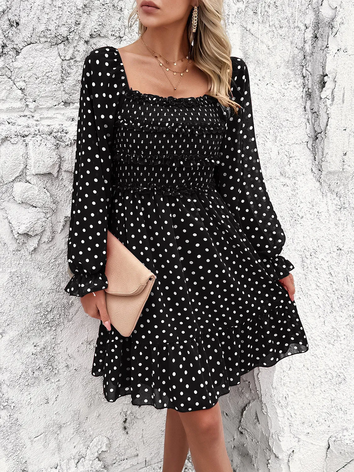 Explore More  Collection - Smocked Polka Dot Long Sleeve Dress