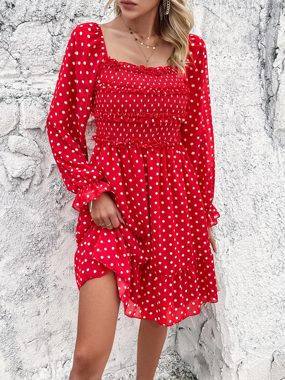 Explore More  Collection - Smocked Polka Dot Long Sleeve Dress