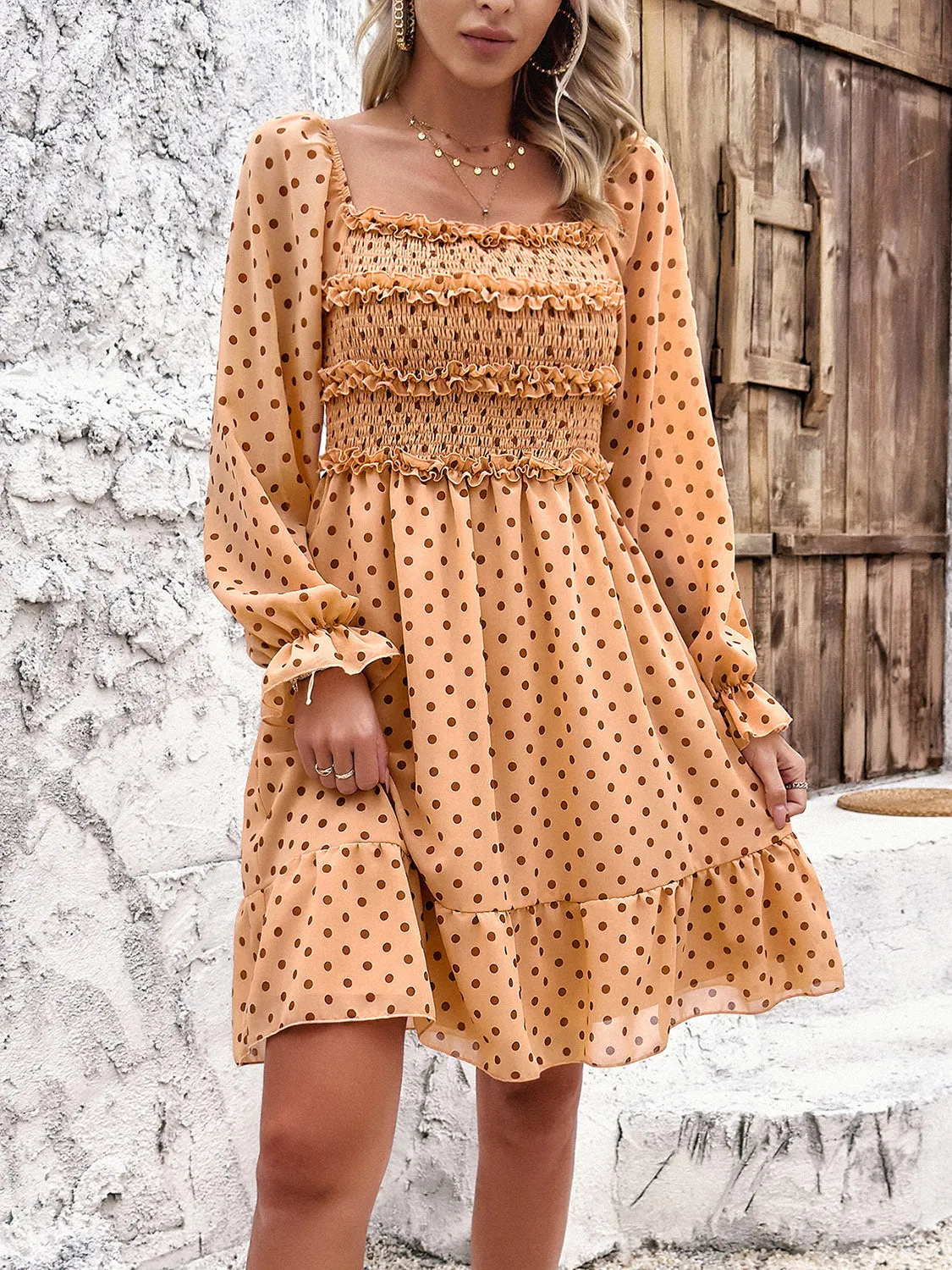 Explore More  Collection - Smocked Polka Dot Long Sleeve Dress