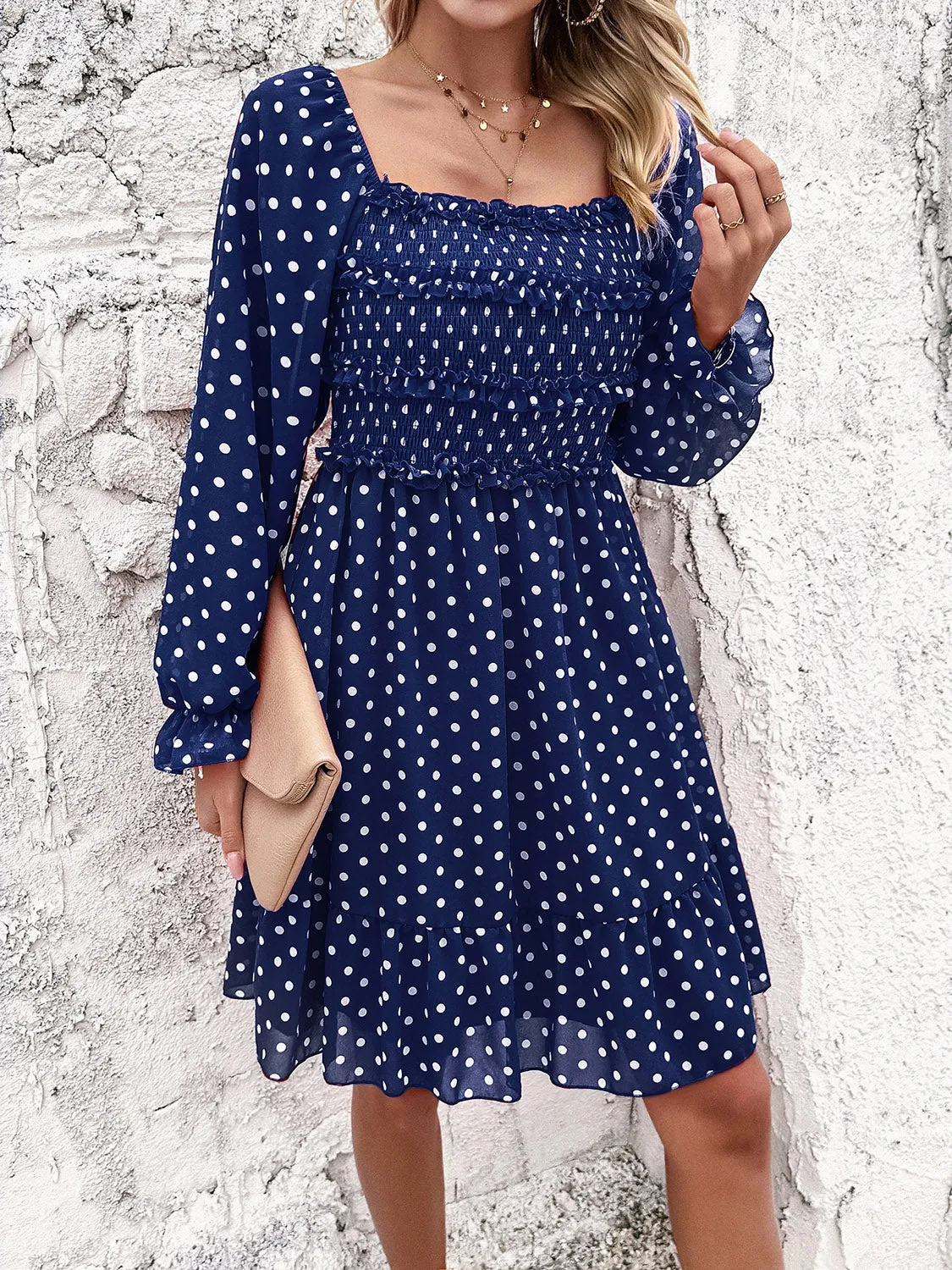 Explore More  Collection - Smocked Polka Dot Long Sleeve Dress