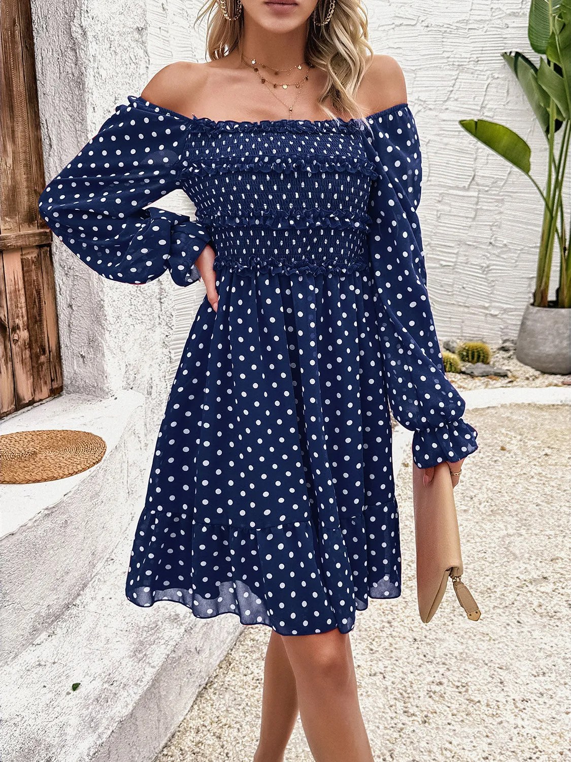 Explore More  Collection - Smocked Polka Dot Long Sleeve Dress