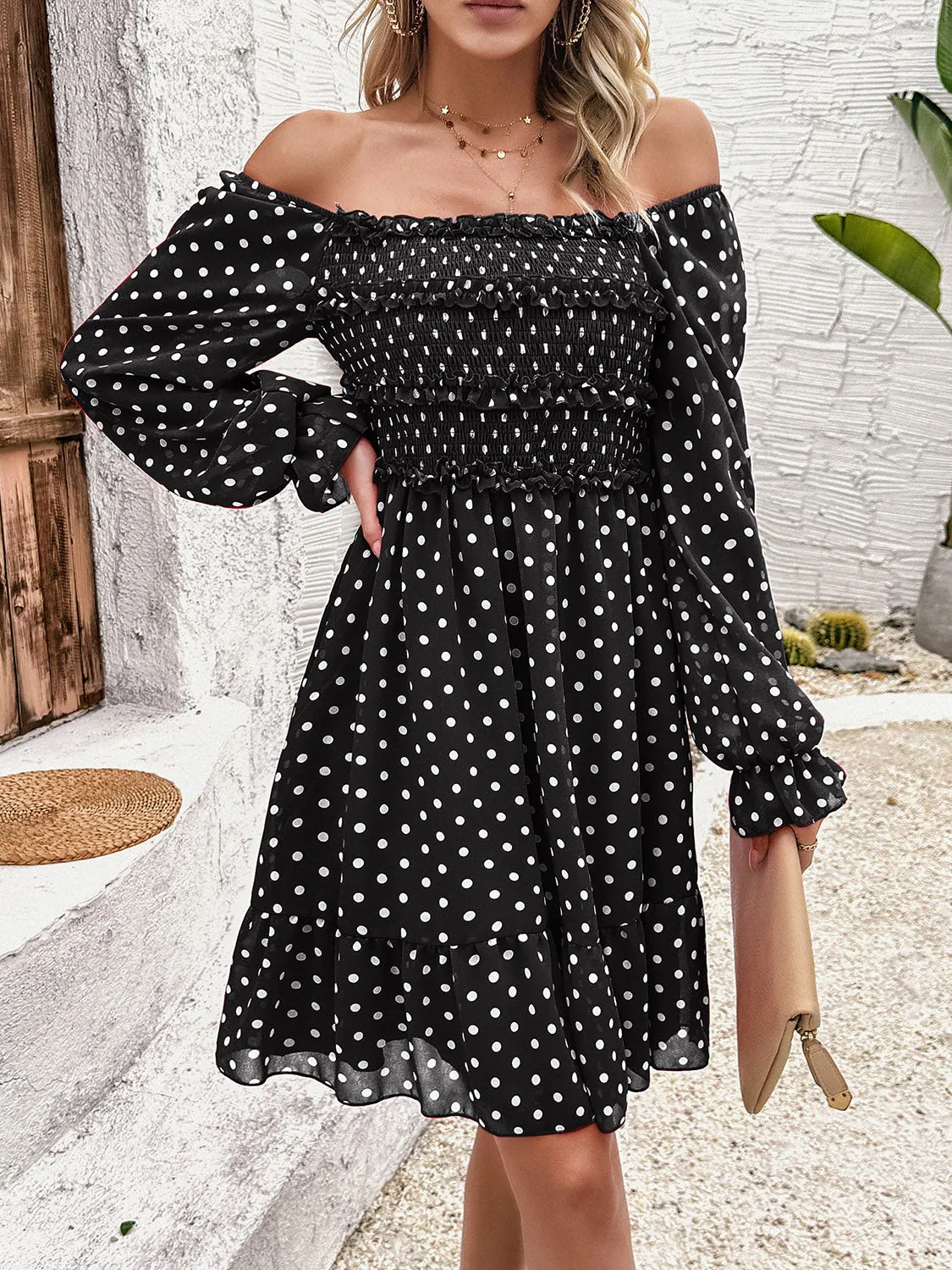 Explore More  Collection - Smocked Polka Dot Long Sleeve Dress