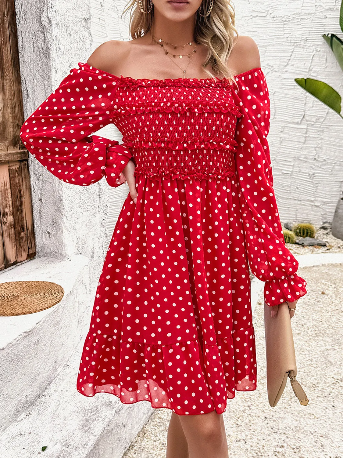 Explore More  Collection - Smocked Polka Dot Long Sleeve Dress