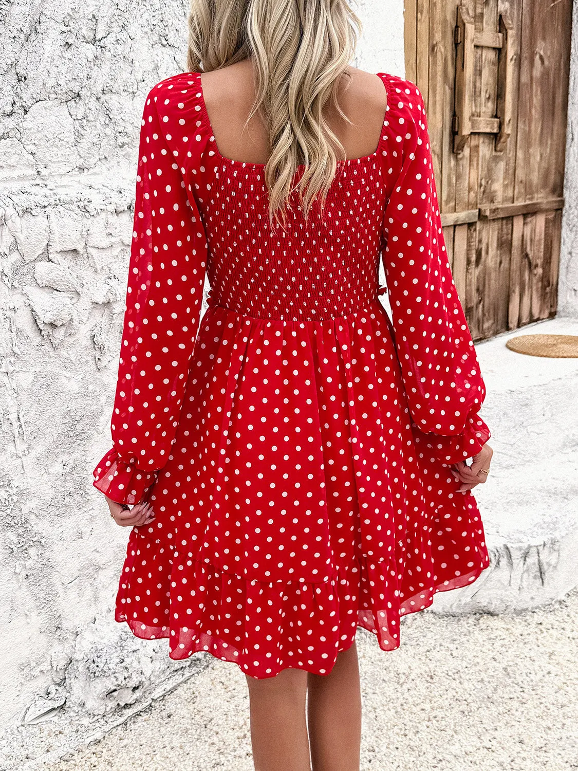 Explore More  Collection - Smocked Polka Dot Long Sleeve Dress