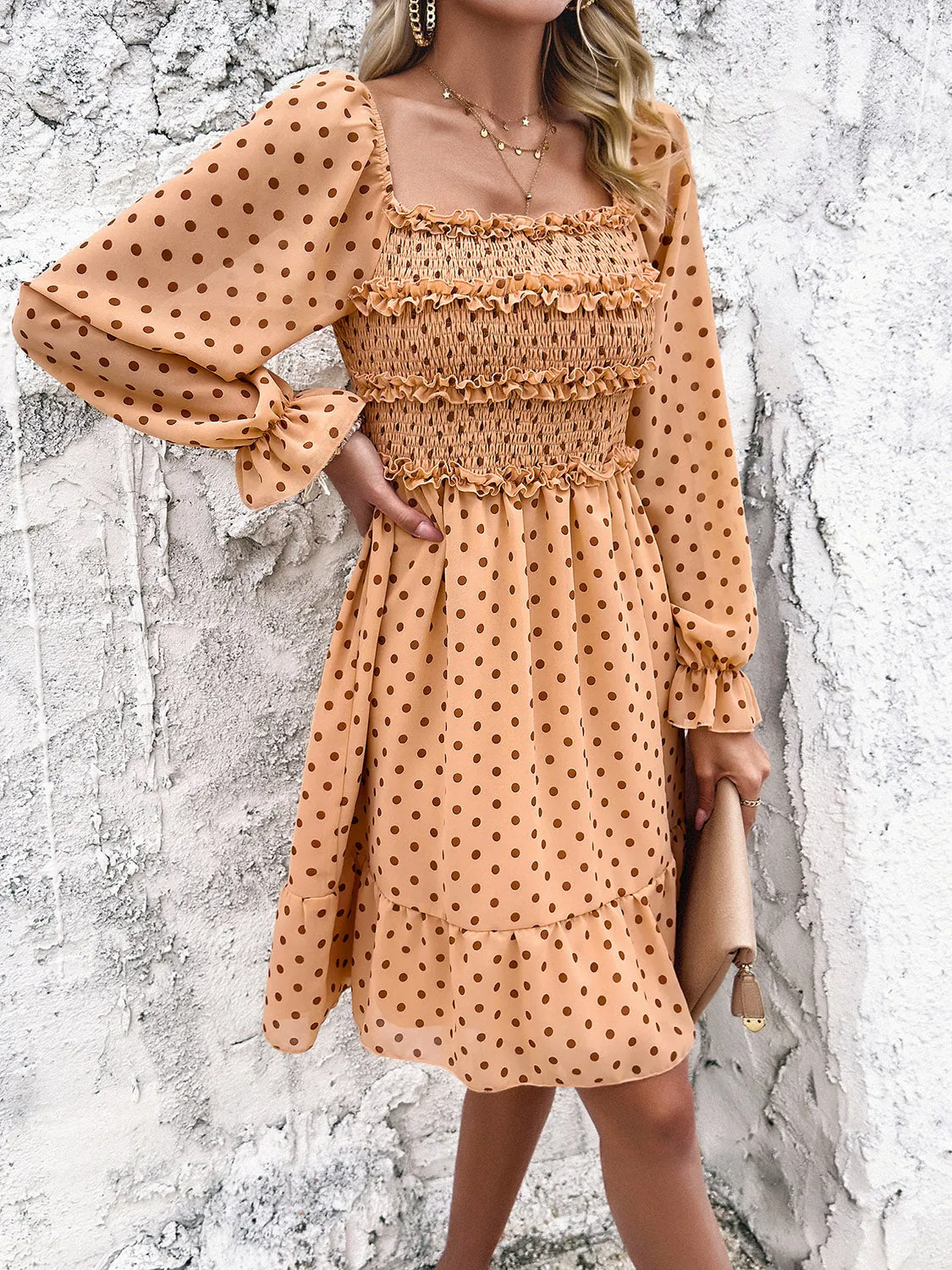 Explore More  Collection - Smocked Polka Dot Long Sleeve Dress