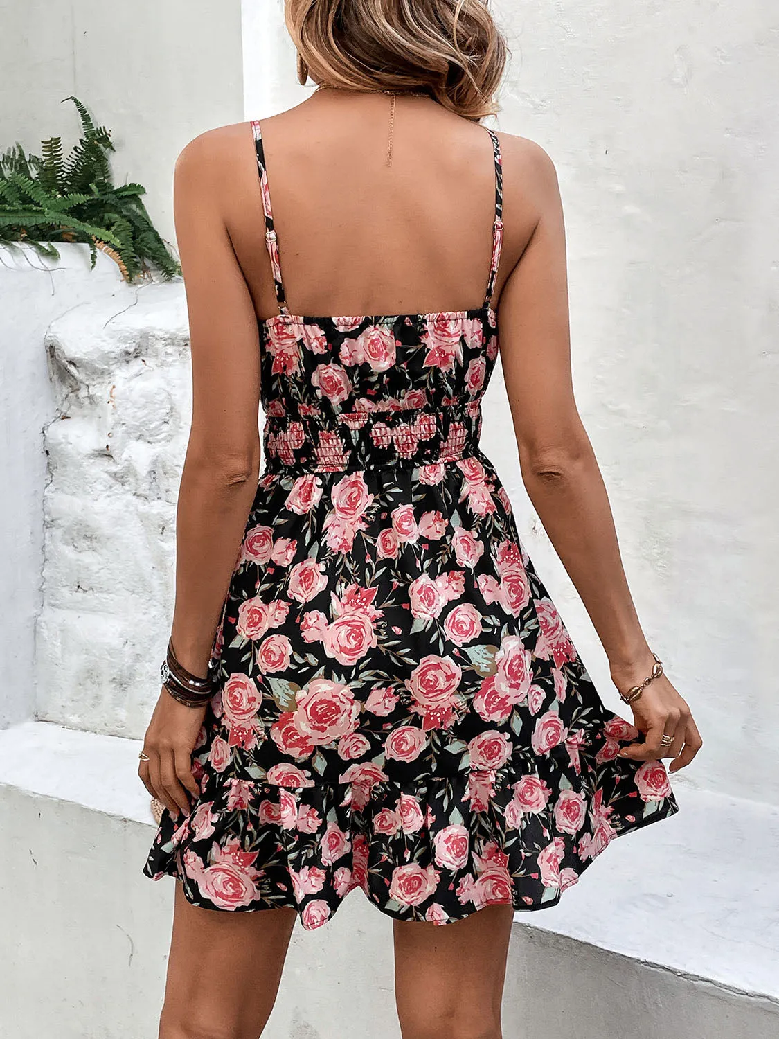 Explore More  Collection - Tied Rose Print Spaghetti Strap Dress