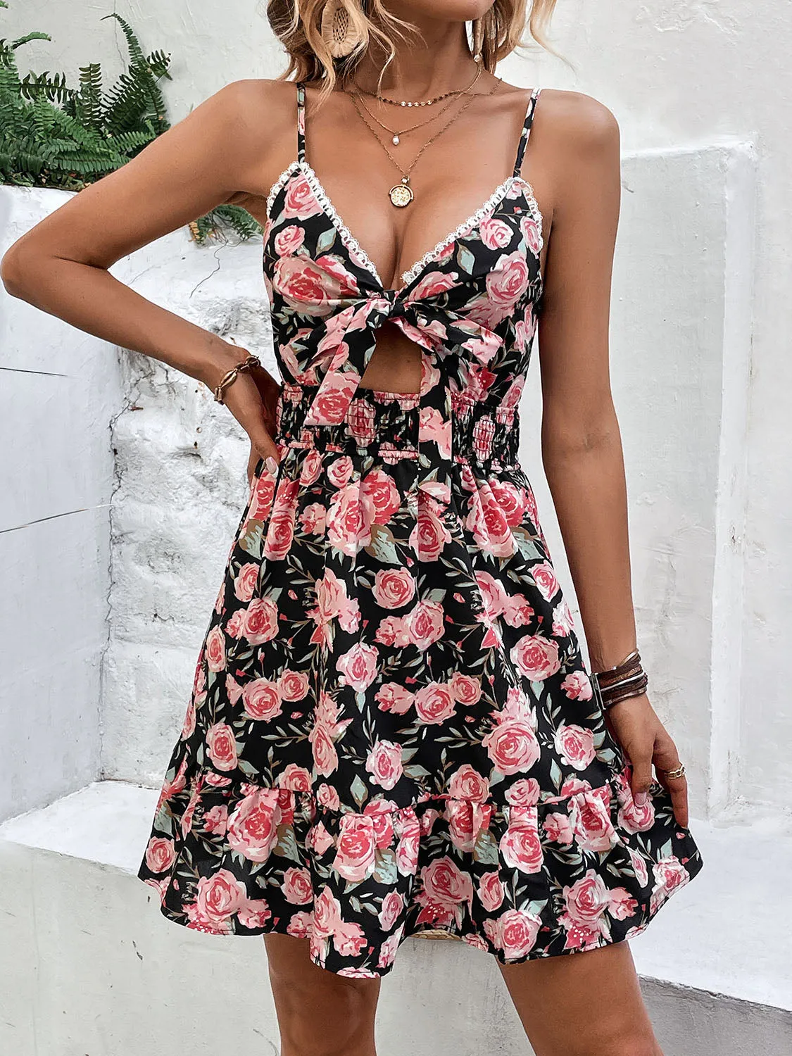 Explore More  Collection - Tied Rose Print Spaghetti Strap Dress