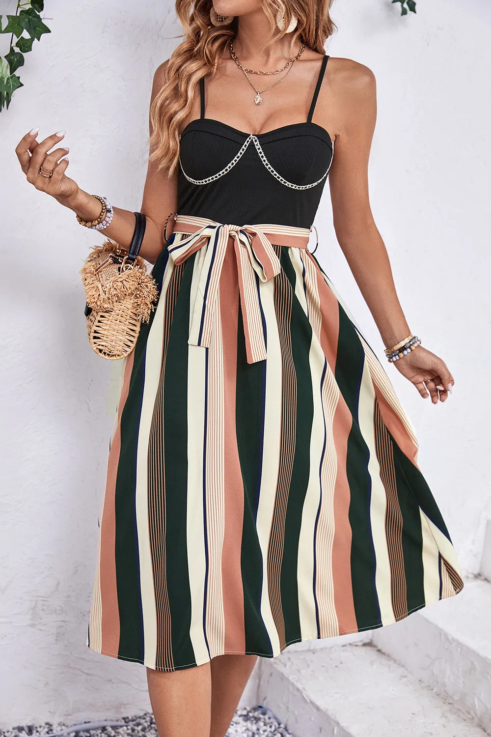 Explore More  Collection - Tied Striped Spaghetti Strap Dress