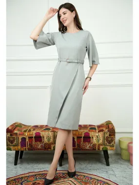 Exude Bliss Bell Sleeve Dress with Belt (Grey)