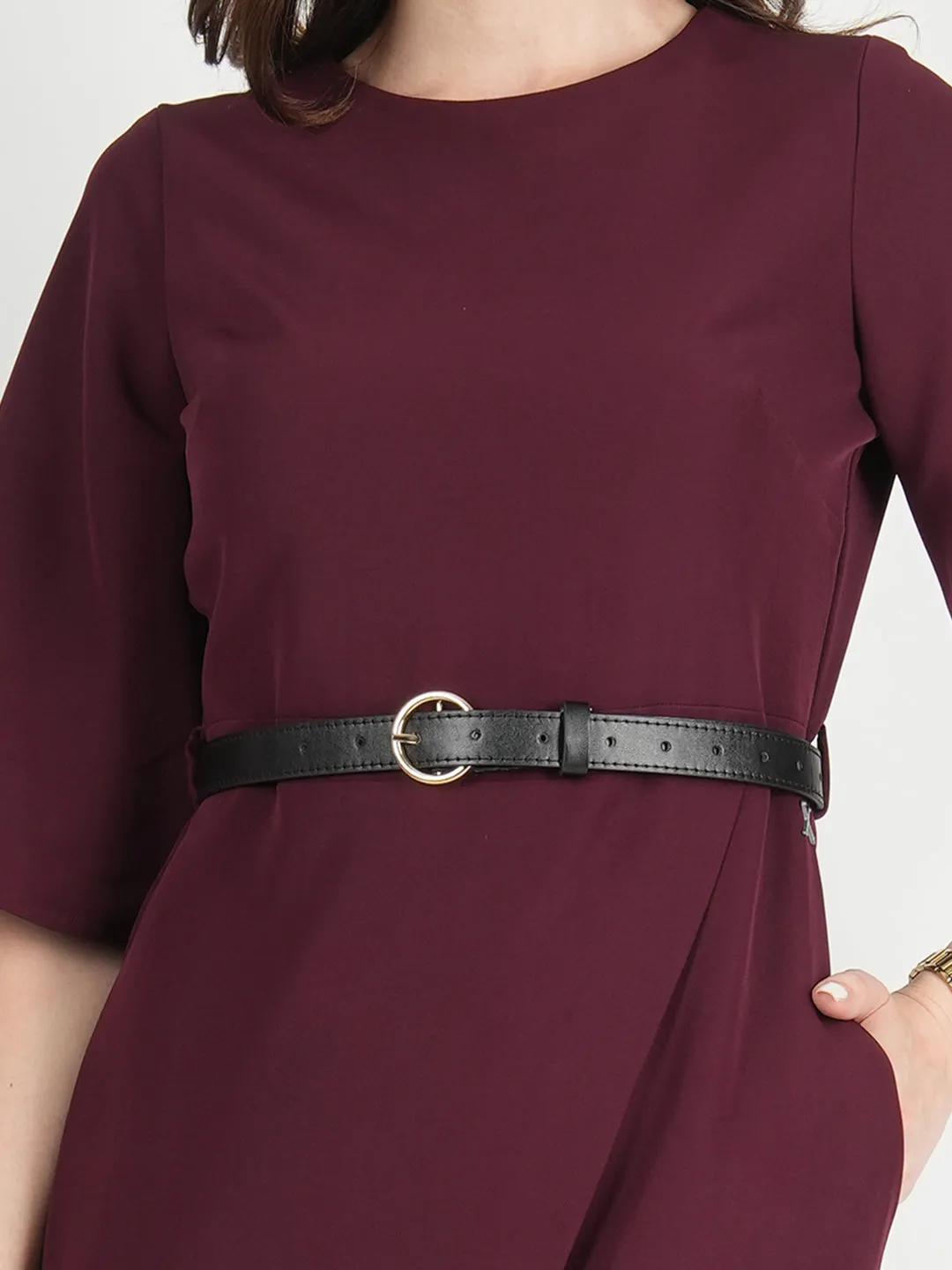 Exude Bliss Bell Sleeve Dress with Belt (Wine)