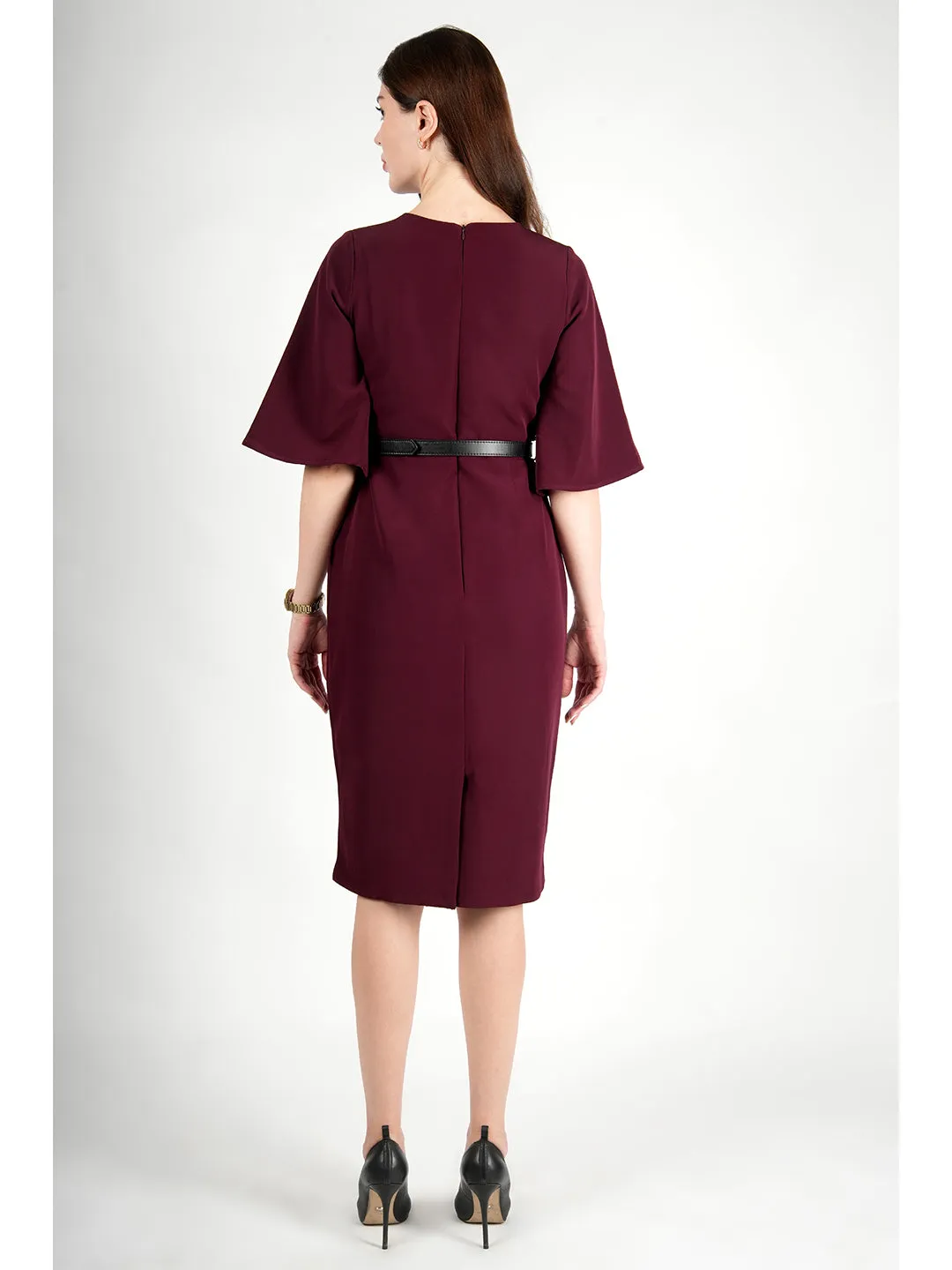 Exude Bliss Bell Sleeve Dress with Belt (Wine)