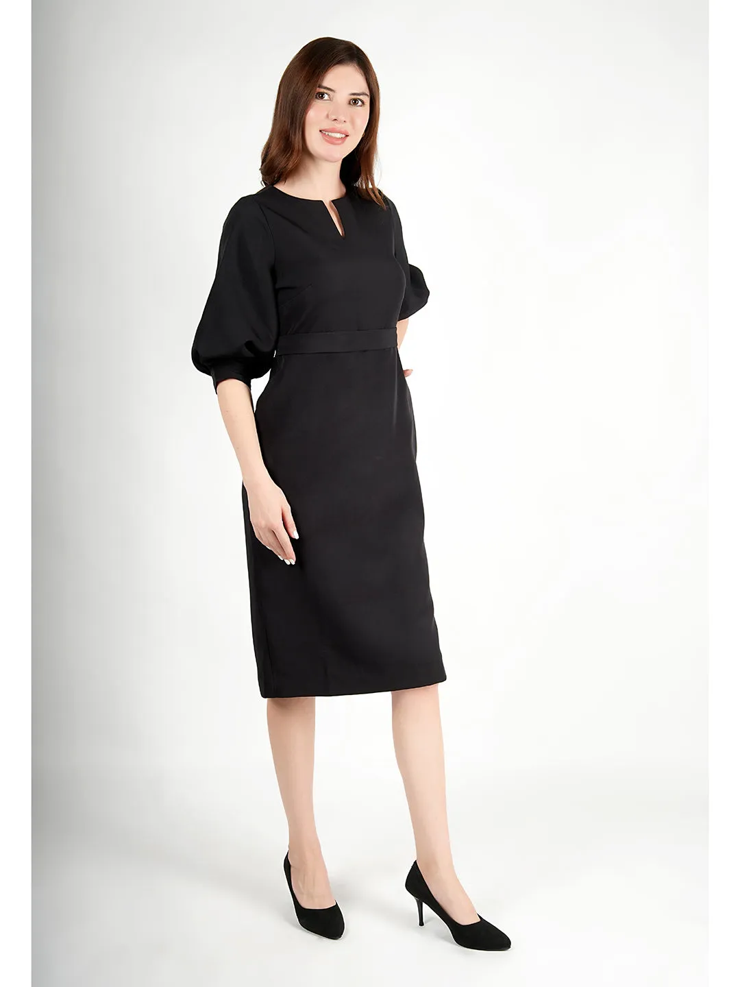 Exude Bright Low 3/4 Puff Sleeve Dress (Black)