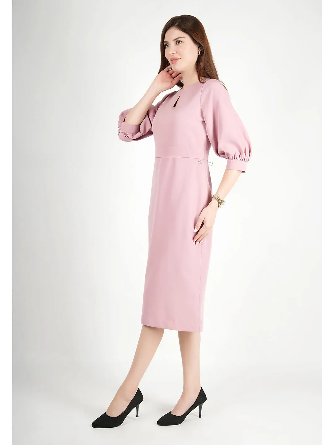 Exude Bright Low 3/4 Puff Sleeve Dress (Blush Pink)