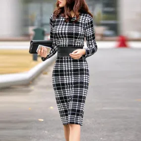 Fashion round neck plaid tight dress