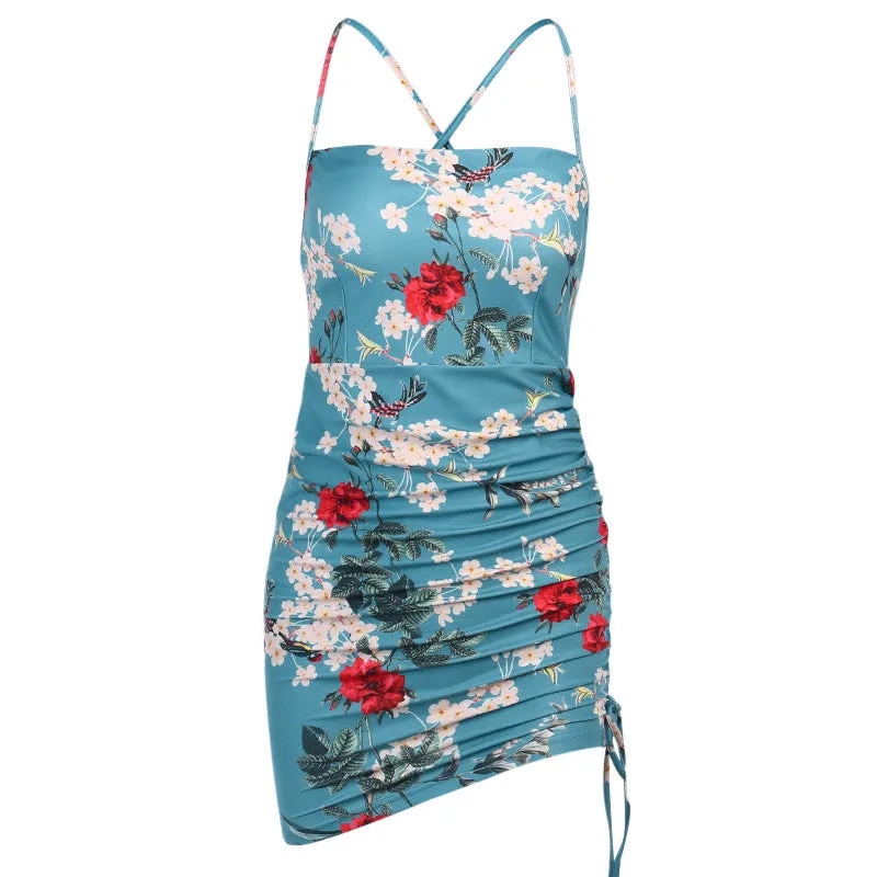 Fashion sexy floral print halter strap dress