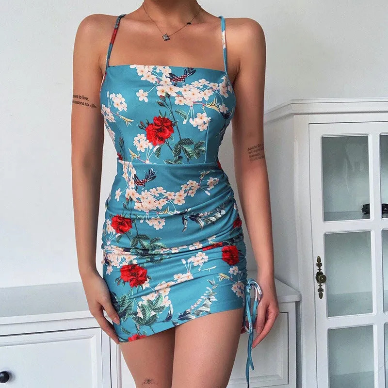 Fashion sexy floral print halter strap dress