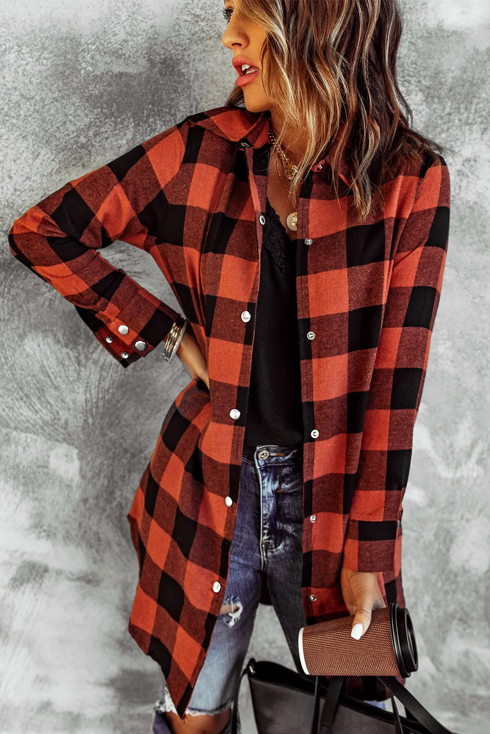 Fiery Red Turn-down Collar Plaid Shirt Coat