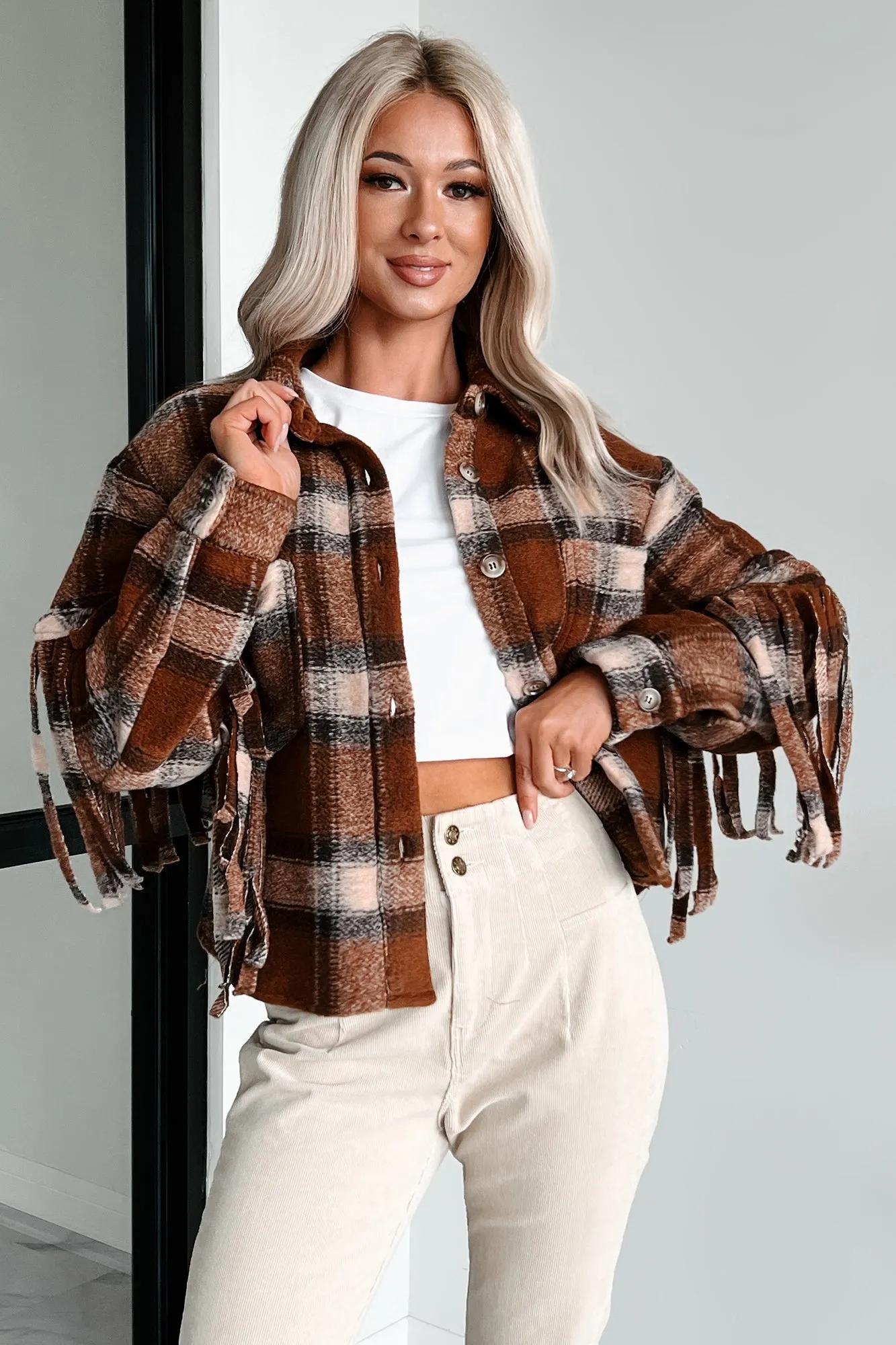 Forever A Country Girl Fringe Plaid Shacket (Brown)