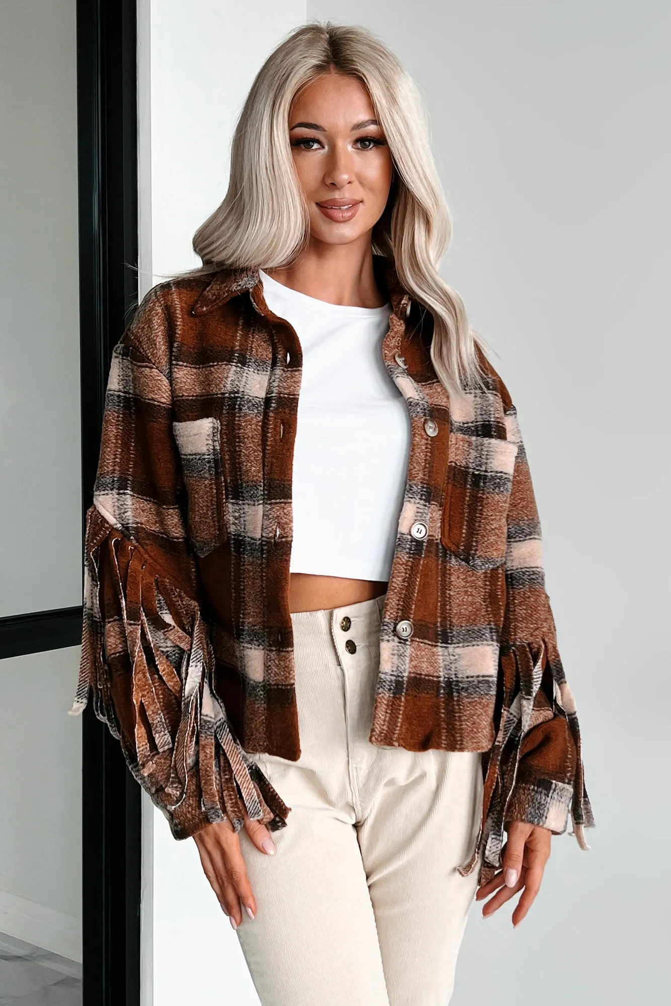 Forever A Country Girl Fringe Plaid Shacket (Brown)