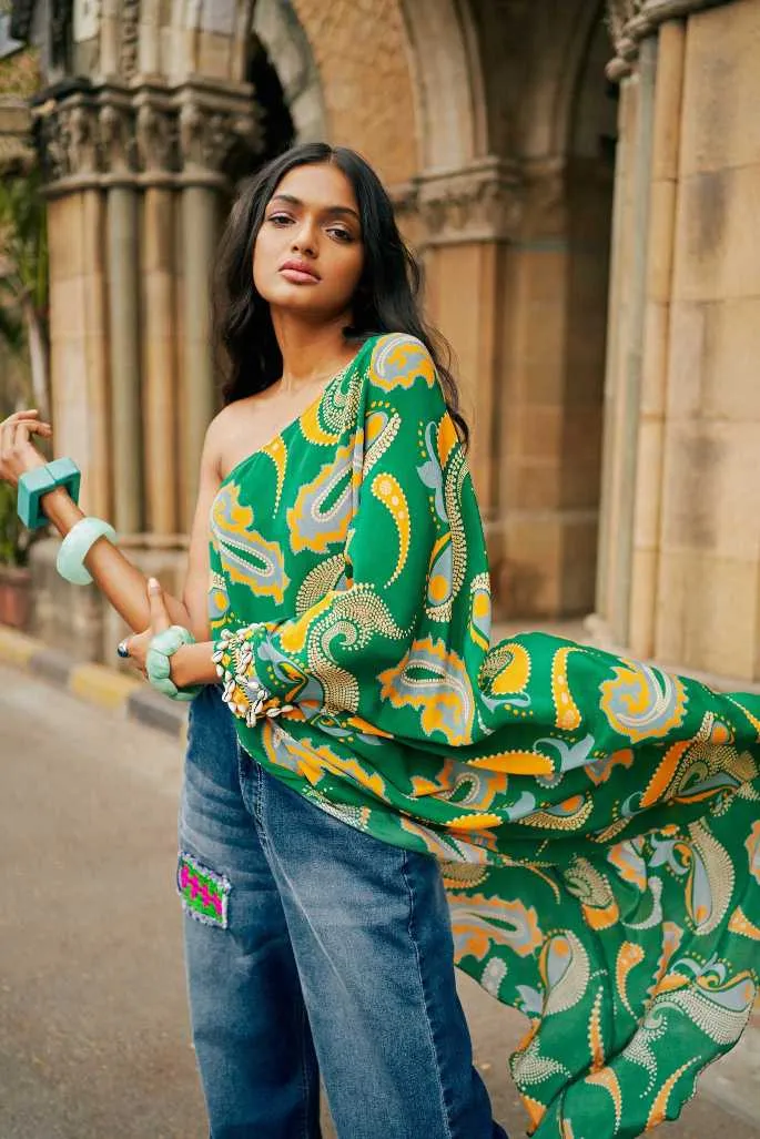 Green Paisley One Shoulder Tunic