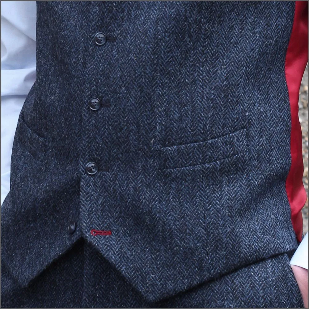 Harris Tweed Dark Blue Herringbone Waistcoat--