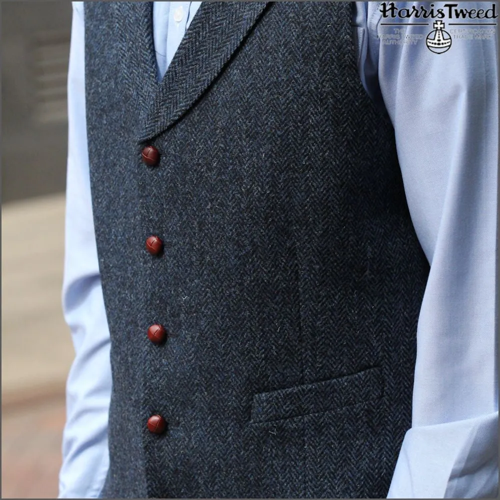 Harris Tweed Dark Blue Herringbone Waistcoat--