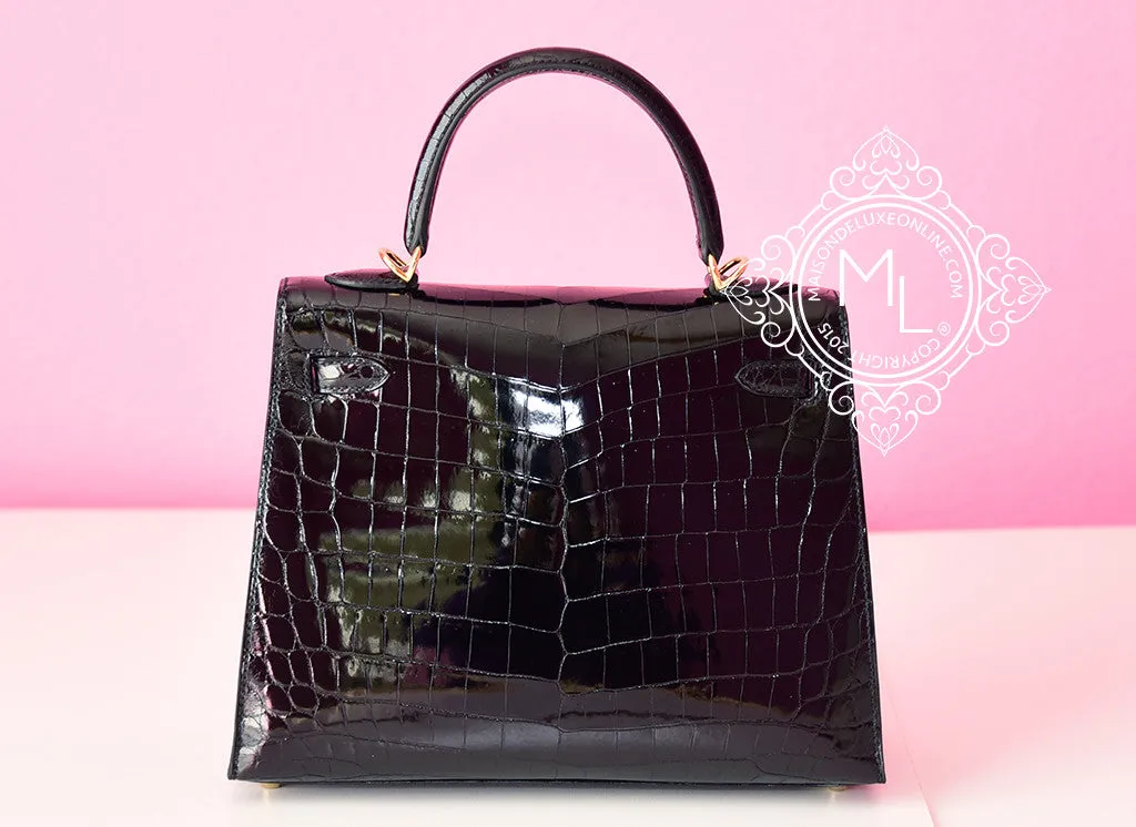 Hermes Noir Black Sellier Crocodile Kelly 25 Handbag