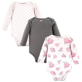 Hudson Baby Cotton Long-Sleeve Bodysuits, Basic Pink Gray Floral