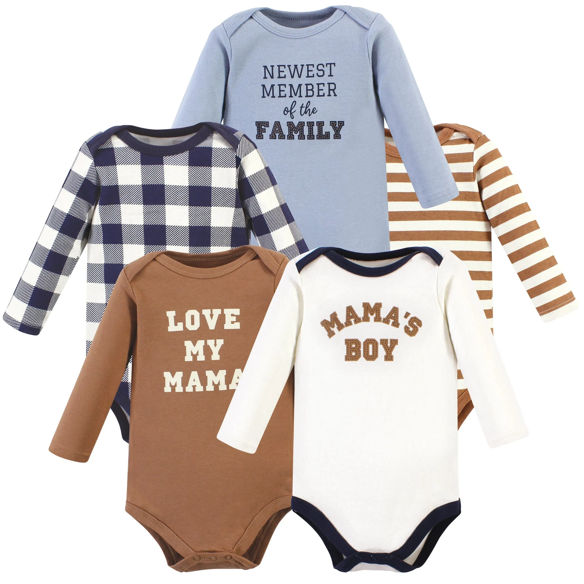 Hudson Baby Cotton Long-Sleeve Bodysuits, Brown Navy Mamas Boy 5-Pack