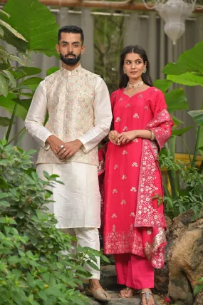 Ivory Magenta Silk Couple Outfit