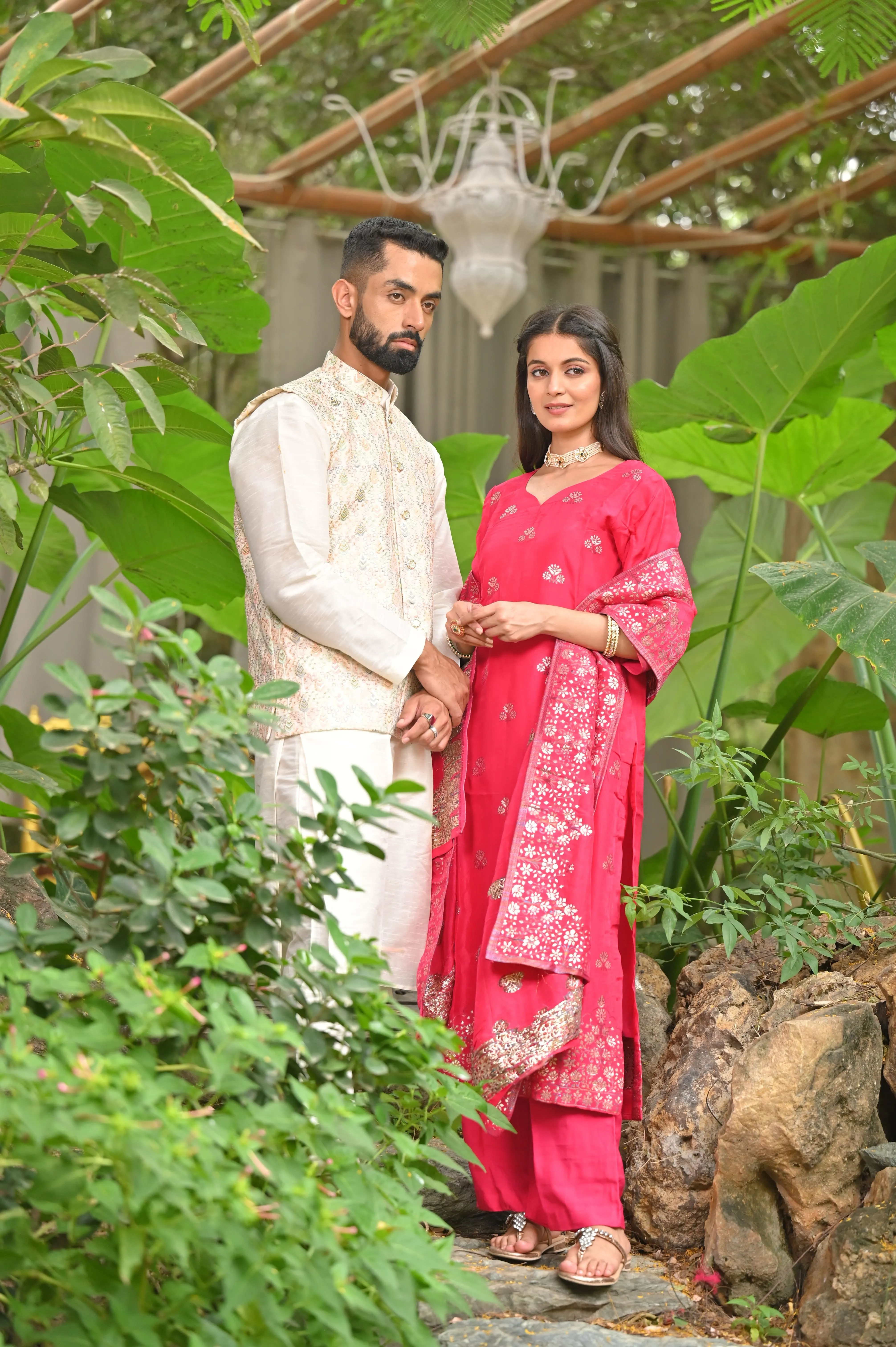 Ivory Magenta Silk Couple Outfit