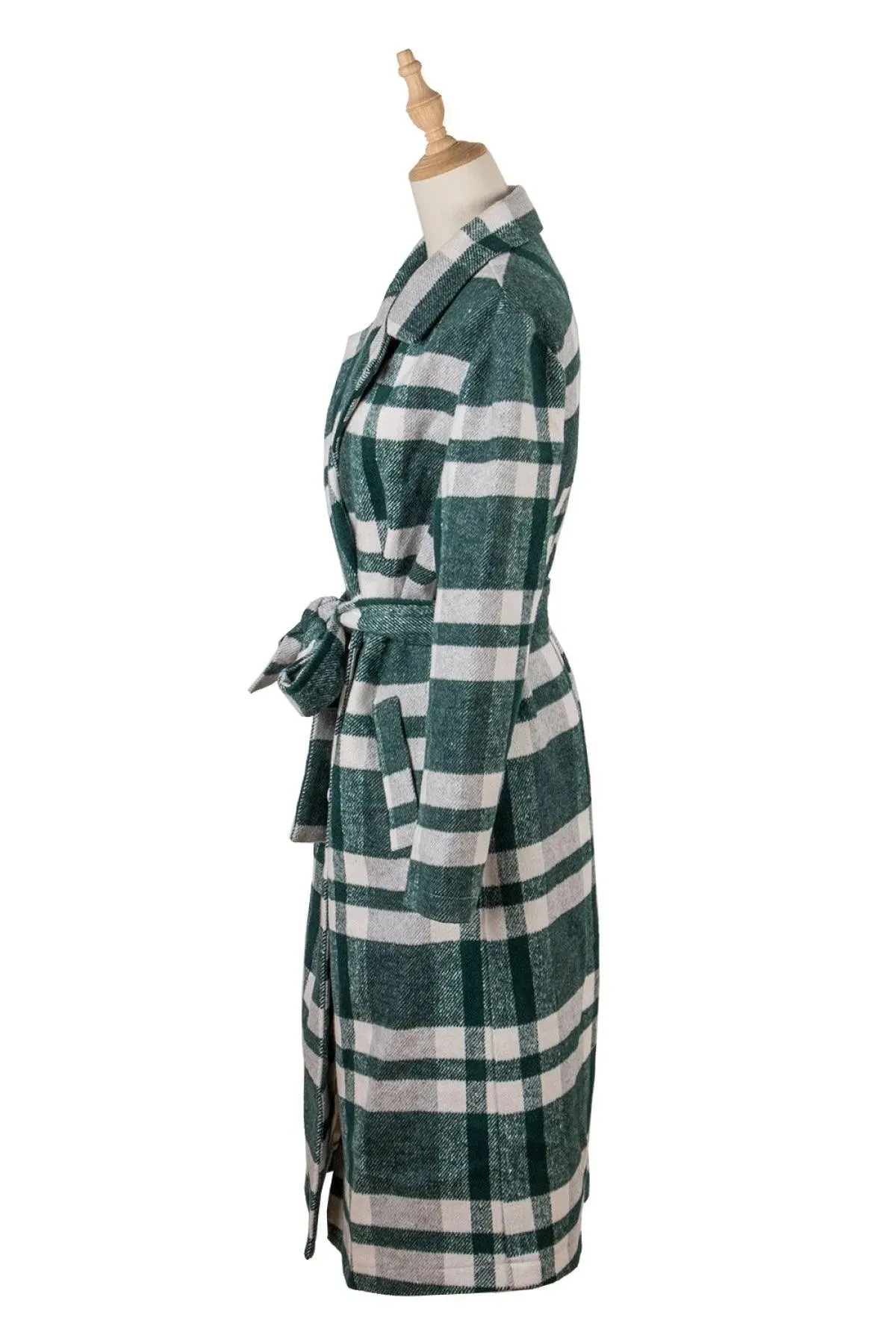 Lapel Neck Tie Waist Plaid Long Overcoat Green