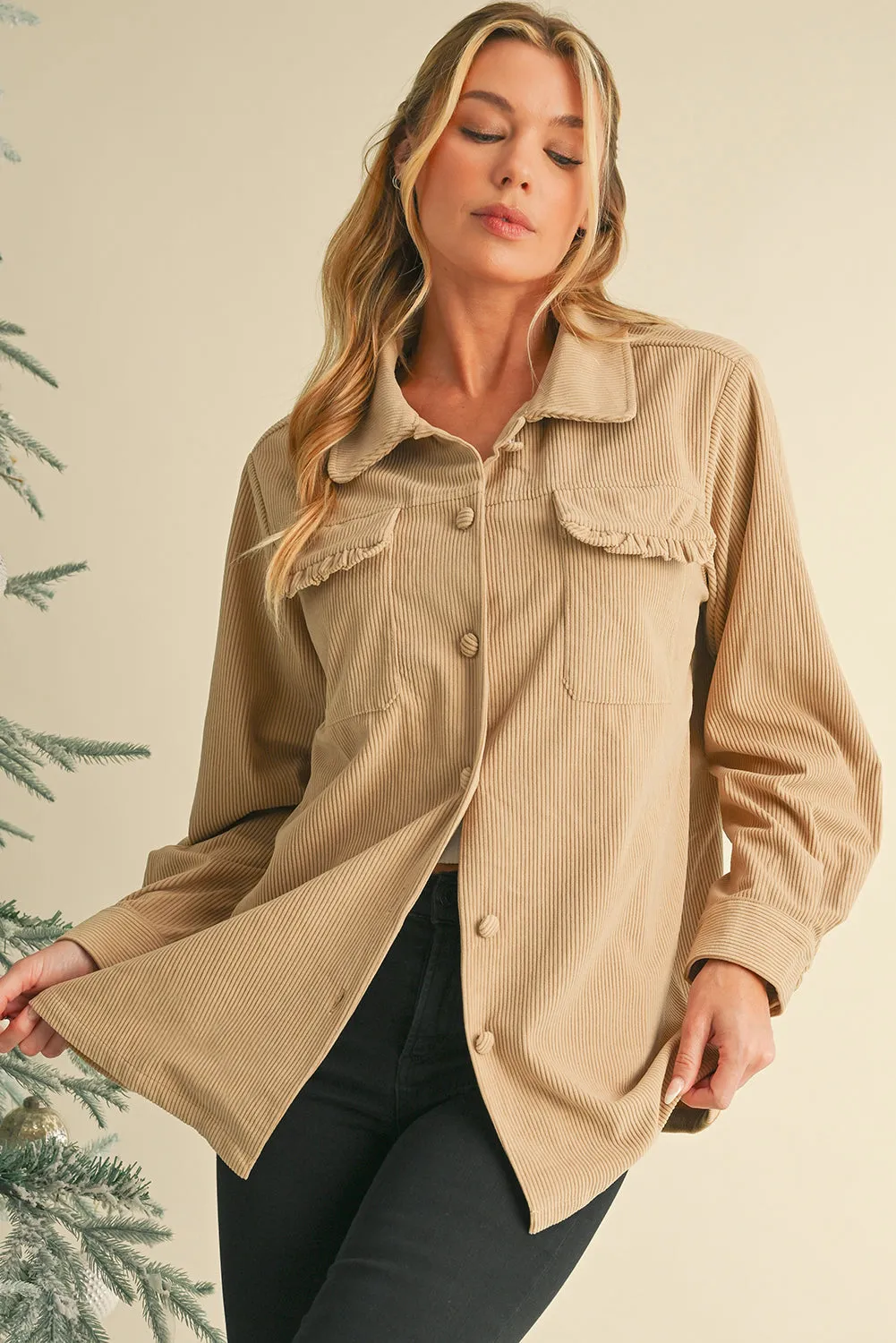 Light French Beige Corduroy Frilled Flap Pocket Button Up Shacket