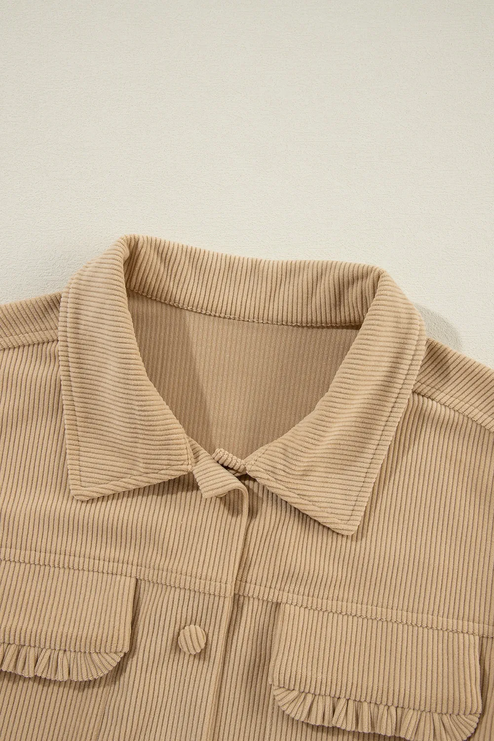 Light French Beige Corduroy Frilled Flap Pocket Button Up Shacket