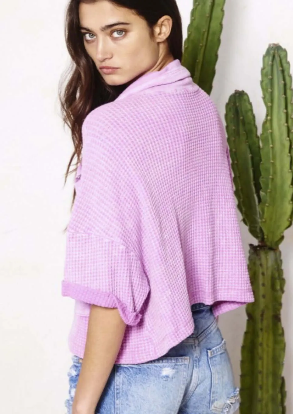 Lilac Waffle Knit Cropped Shacket Made in USA - Clearance Final Sale