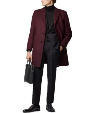 Long men's Dress Topcoat - Winter coat 100% Cashmere Fabric Standard Length Long Dress Formal Dark Red Coat