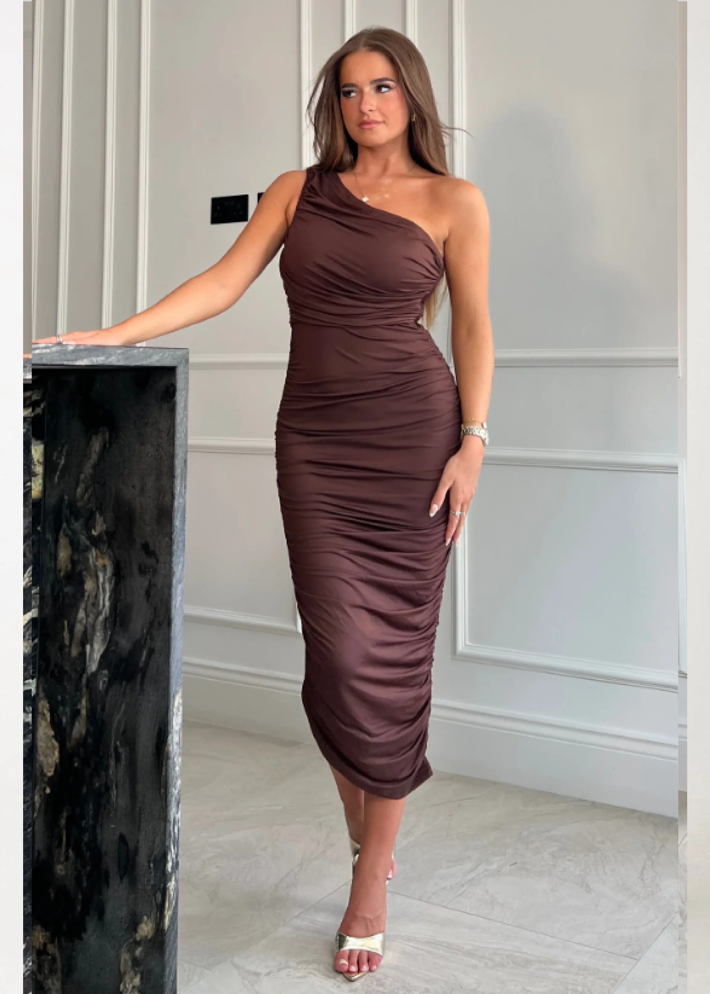 Monicia Brown One Shoulder Midi Dress