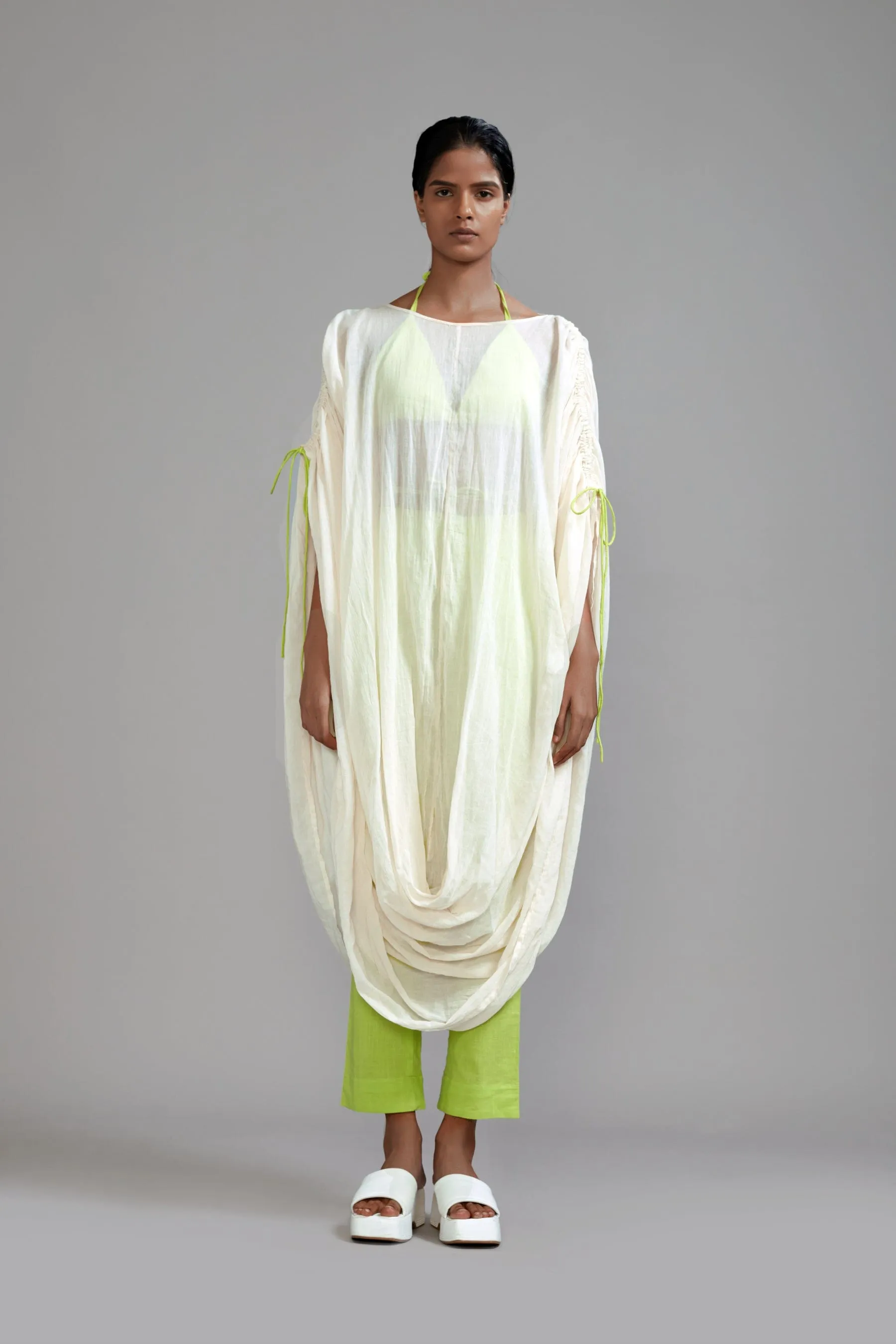 Off-White with Neon Green Gathered Cowl Tunic Set (3 PCS)