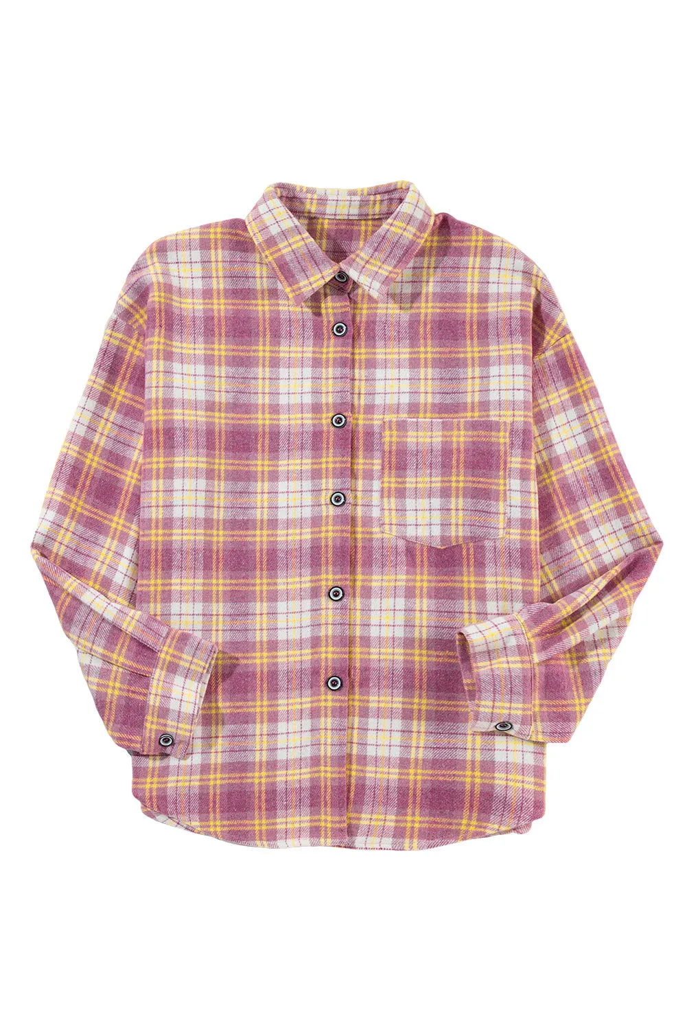 Pink Plaid Print Chest Pocket Long Sleeve Shacket