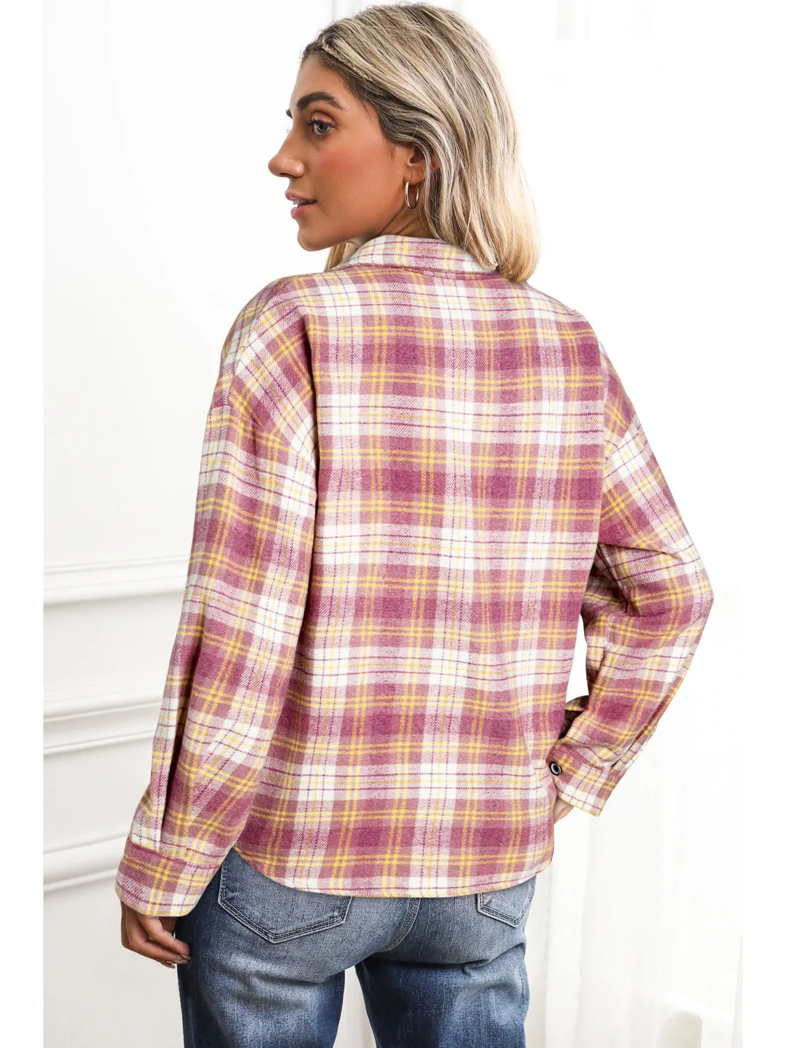 Pink Plaid Print Chest Pocket Long Sleeve Shacket