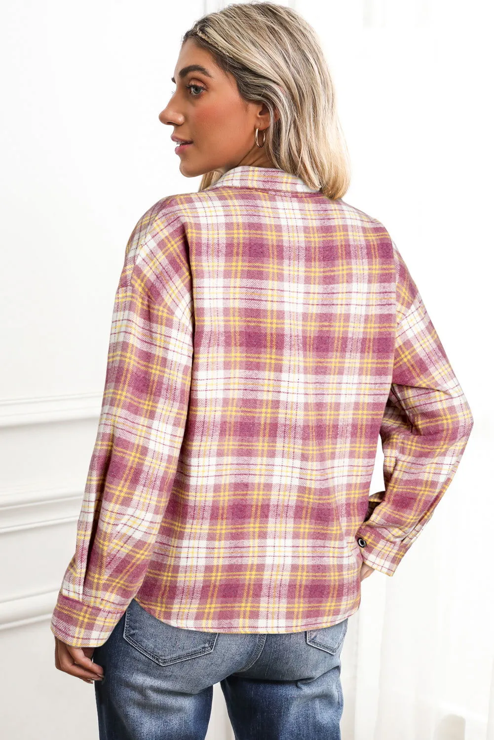 Pink Plaid Print Chest Pocket Long Sleeve Shacket