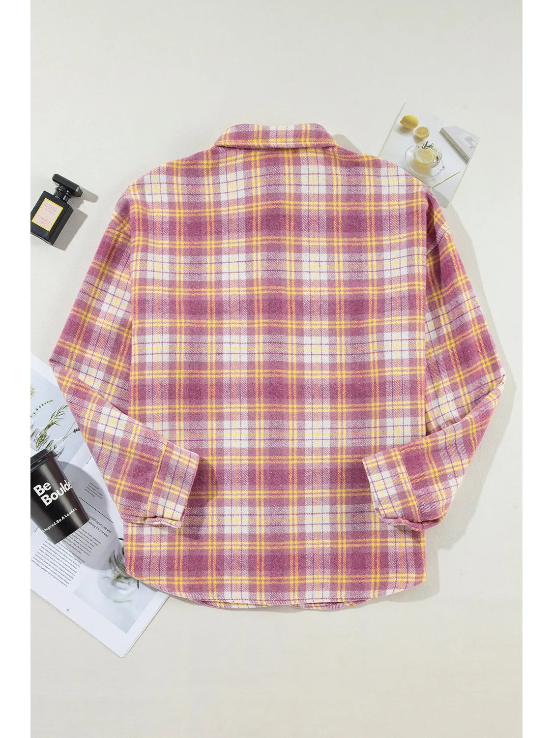 Pink Plaid Print Chest Pocket Long Sleeve Shacket