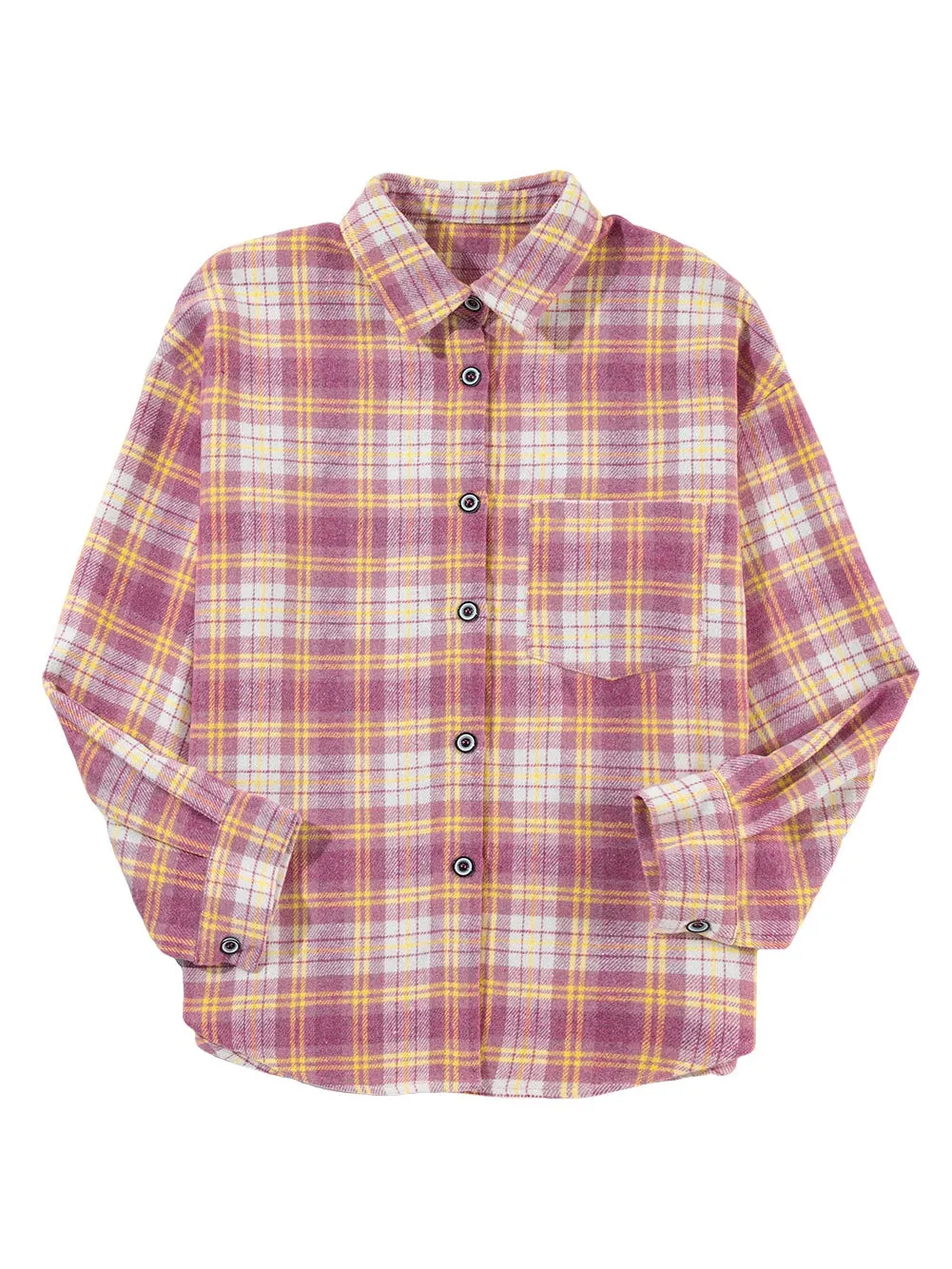 Pink Plaid Print Chest Pocket Long Sleeve Shacket